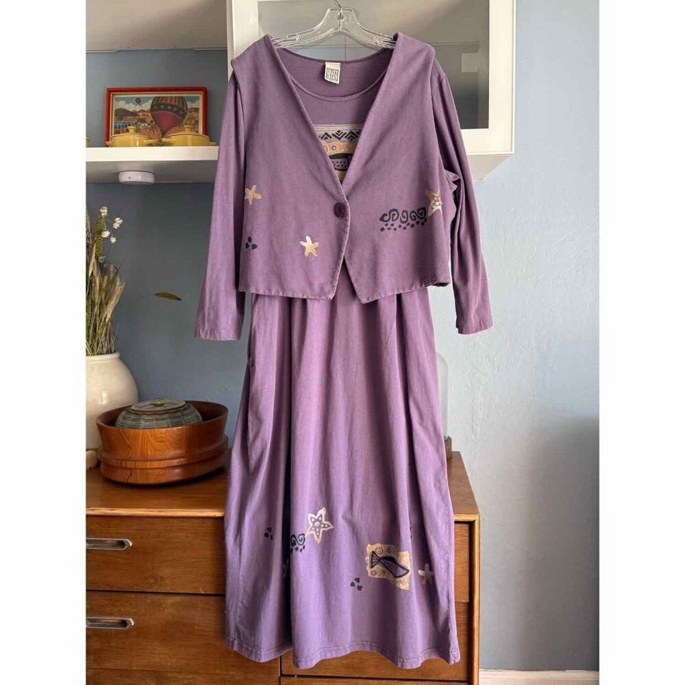 Vtg 90s Viva City Painted Fish Starfish Maxi Dress & Vest Set Art To Wear